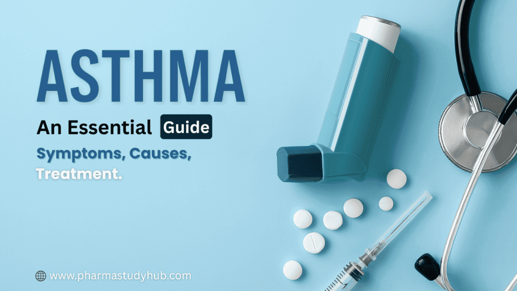 Illustration showing asthma inhaler and lungs, used as a featured image for Asthma blog post on Pharmastudyhub