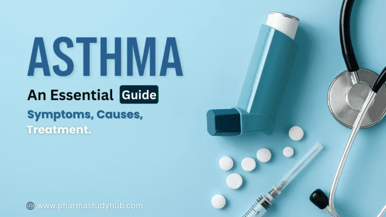 Illustration showing asthma inhaler and lungs, used as a featured image for Asthma blog post on Pharmastudyhub