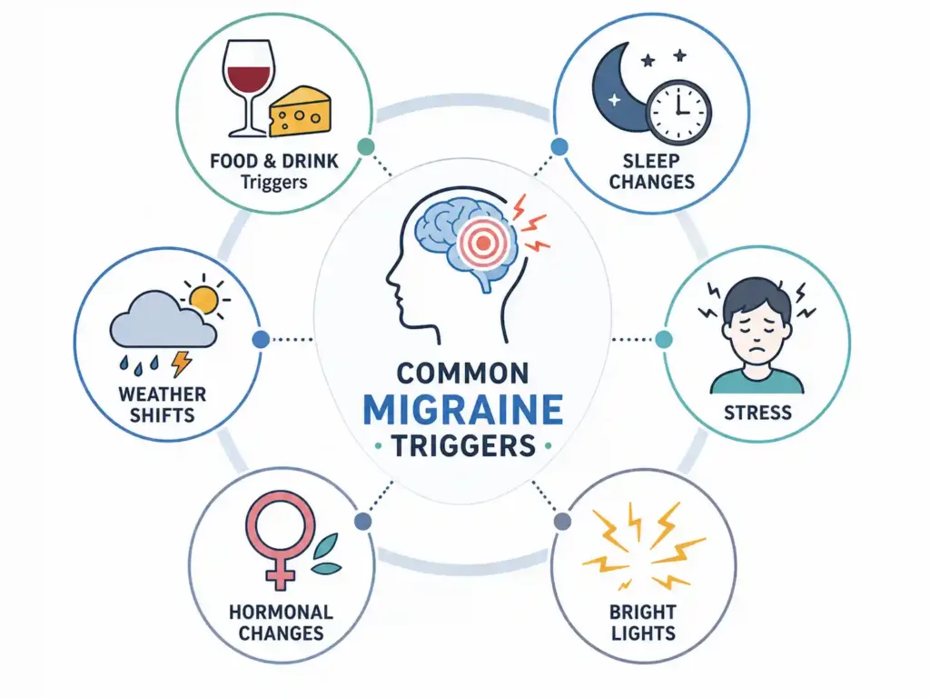 Infographic showing common migraine symptoms triggers including stress, food, sleep, and hormones