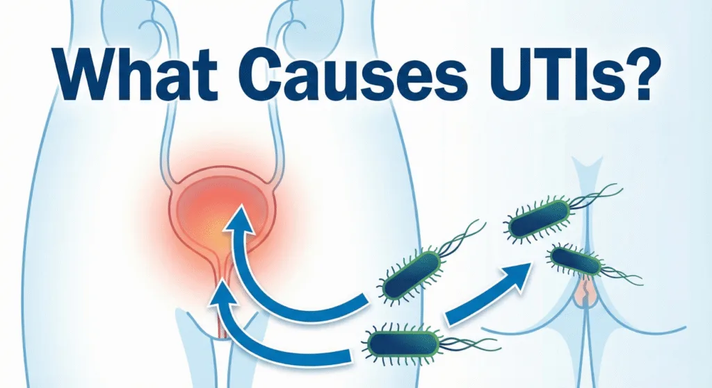 Medical illustration of E. coli bacteria moving toward the urethra, showing how UTIs begin.