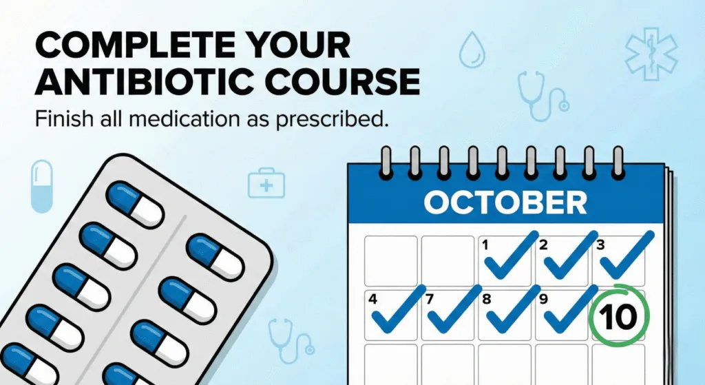 Illustration of antibiotics and a calendar emphasizing completing the full medication course.