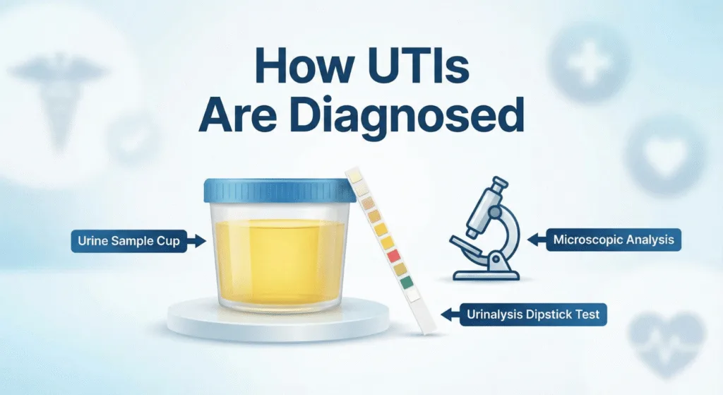 Urine sample cup and dipstick test showing how UTIs are diagnosed.