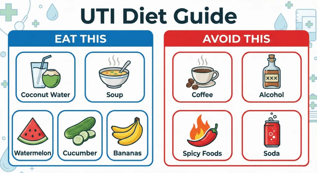 Infographic comparing foods to eat during a UTI vs foods to avoid, including coconut water, fruits, coffee, alcohol, and spicy foods.