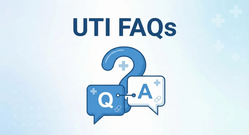 Medical-themed question mark and speech bubble graphic for UTI frequently asked questions section.