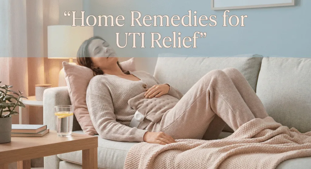 Woman using a warm heating pad on her lower abdomen with a glass of water nearby for UTI relief.