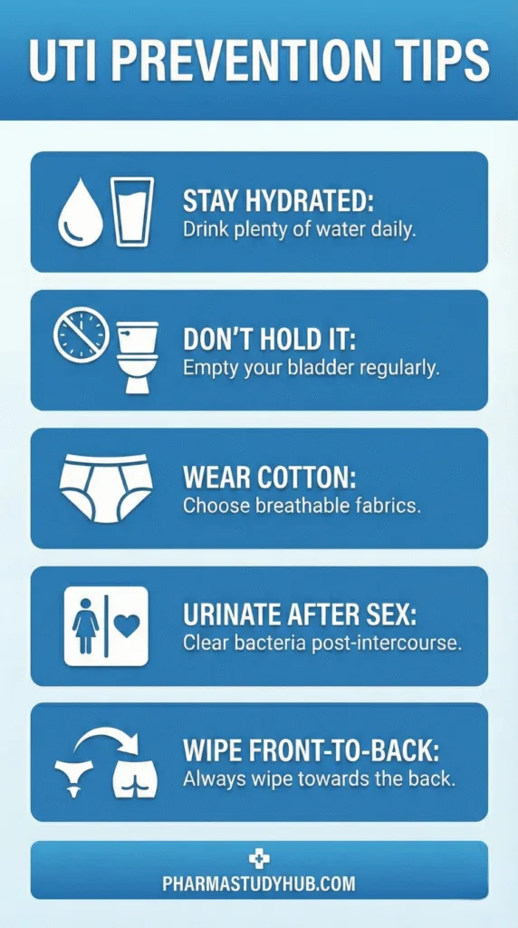 Infographic listing UTI prevention tips such as hydration, peeing after sex, wiping front to back, and wearing breathable underwear.