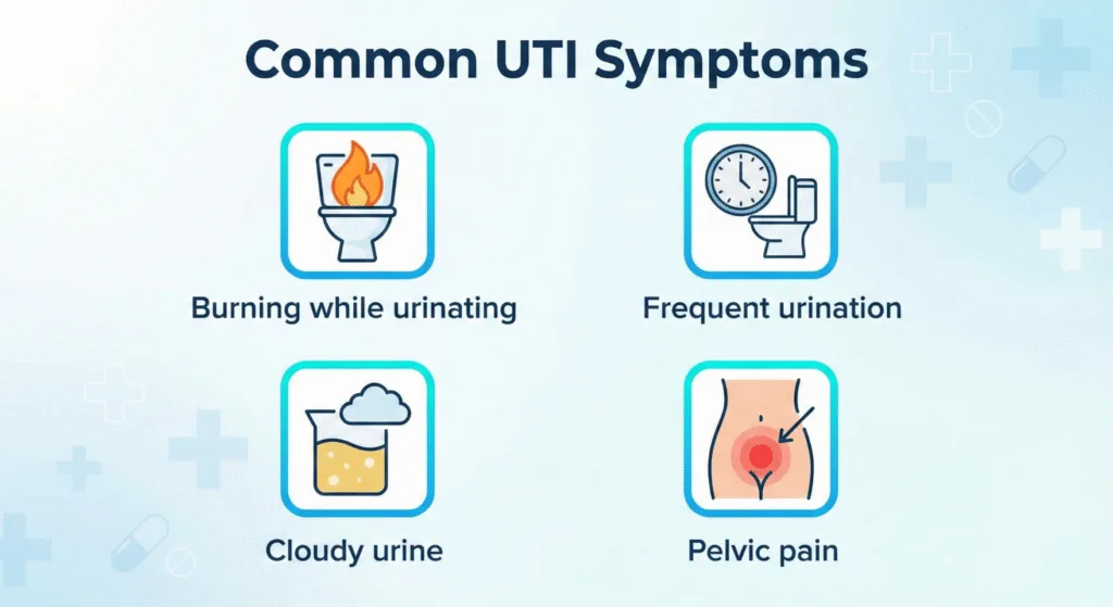 Icon set showing common UTI symptoms including burning urination, frequent urination, cloudy urine, and pelvic pain.