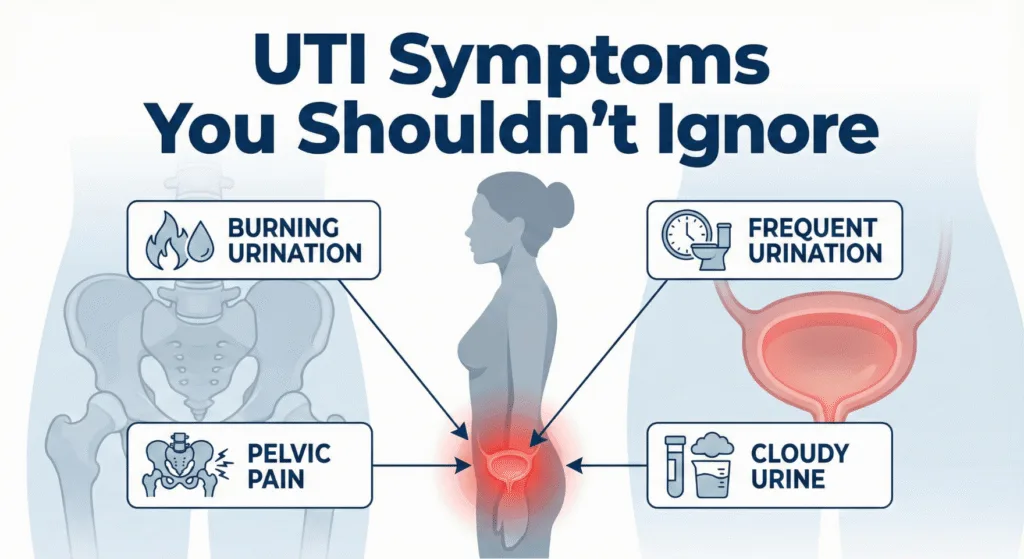 Infographic showing burning urination, frequent urination, pelvic pain, and cloudy urine symptoms.