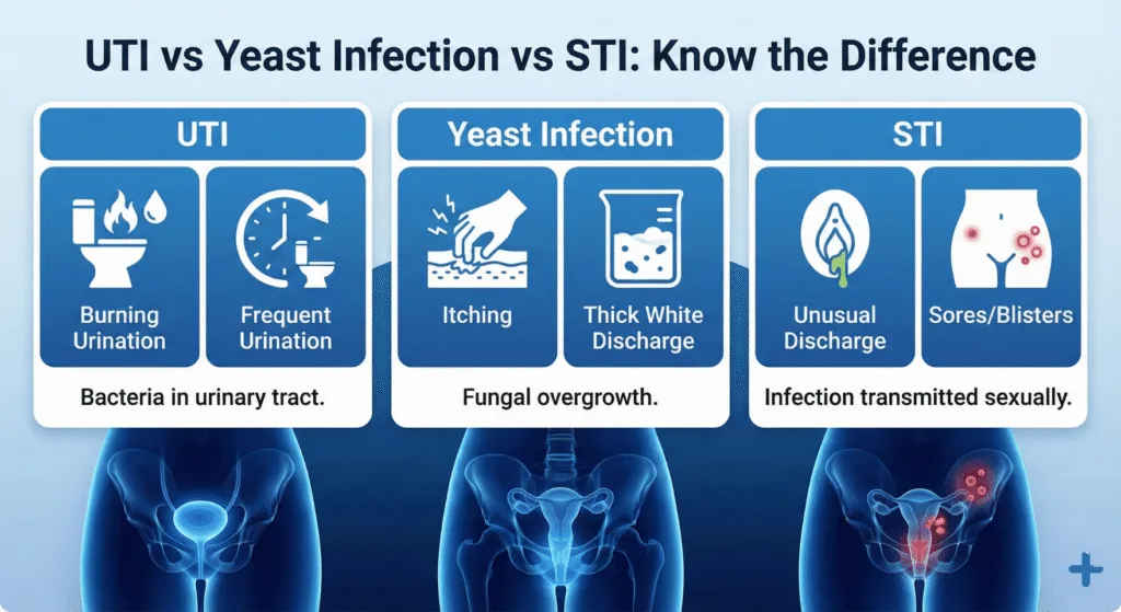 Comparison infographic showing key differences between UTIs, yeast infections, and STIs, including their main symptoms.