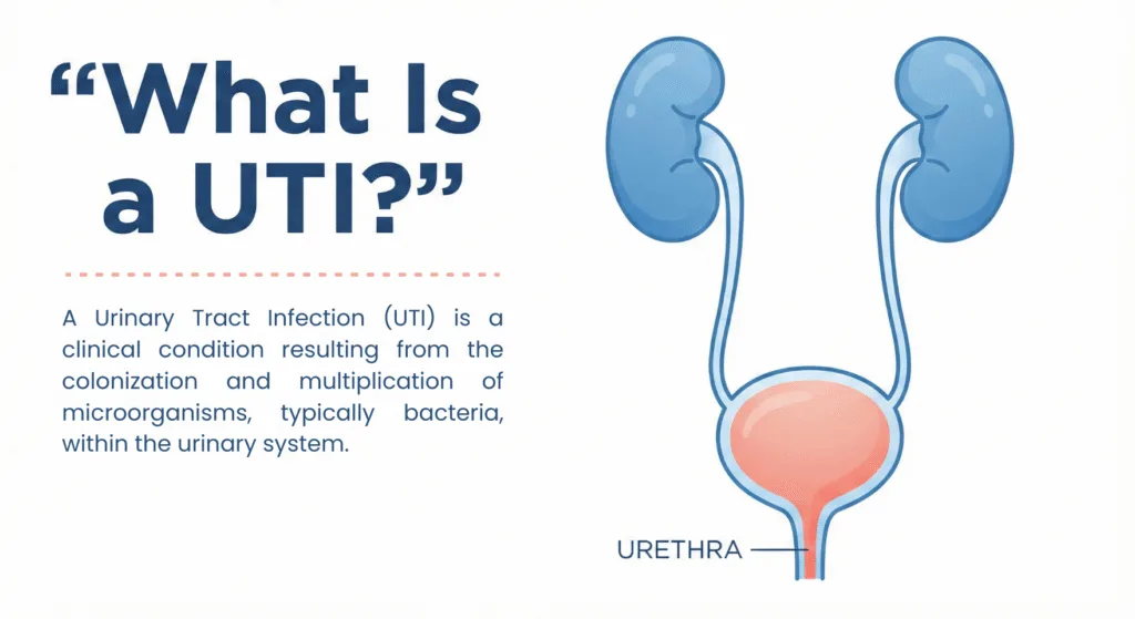 Simple anatomical diagram of kidneys, ureters, bladder, and urethra showing infection highlighted in the bladder.