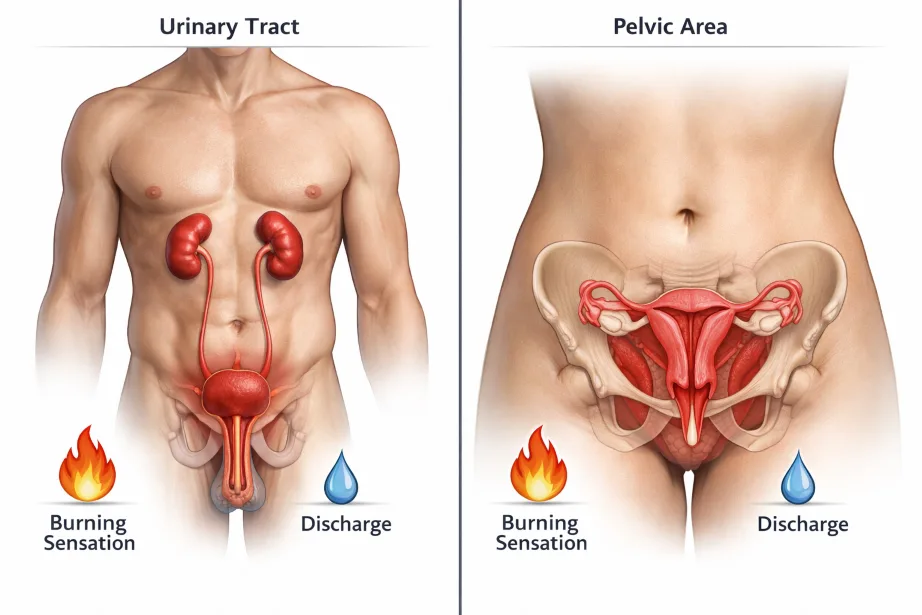 Male and female bodies showing STI symptoms.