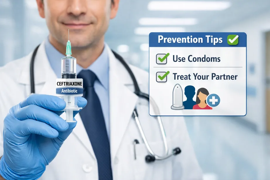 Doctor holding ceftriaxone injection.