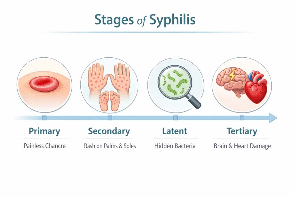 Timeline showing stages of syphilis.
