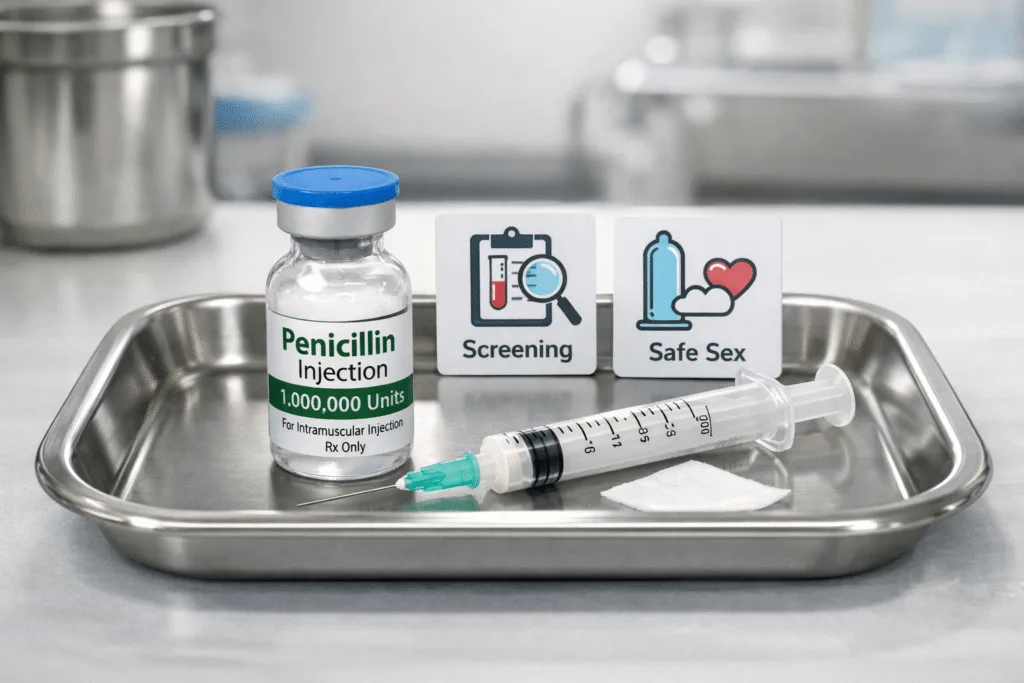 Penicillin injection with safety icons.