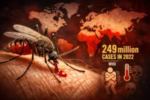 A dramatic illustration of a female Anopheles mosquito.