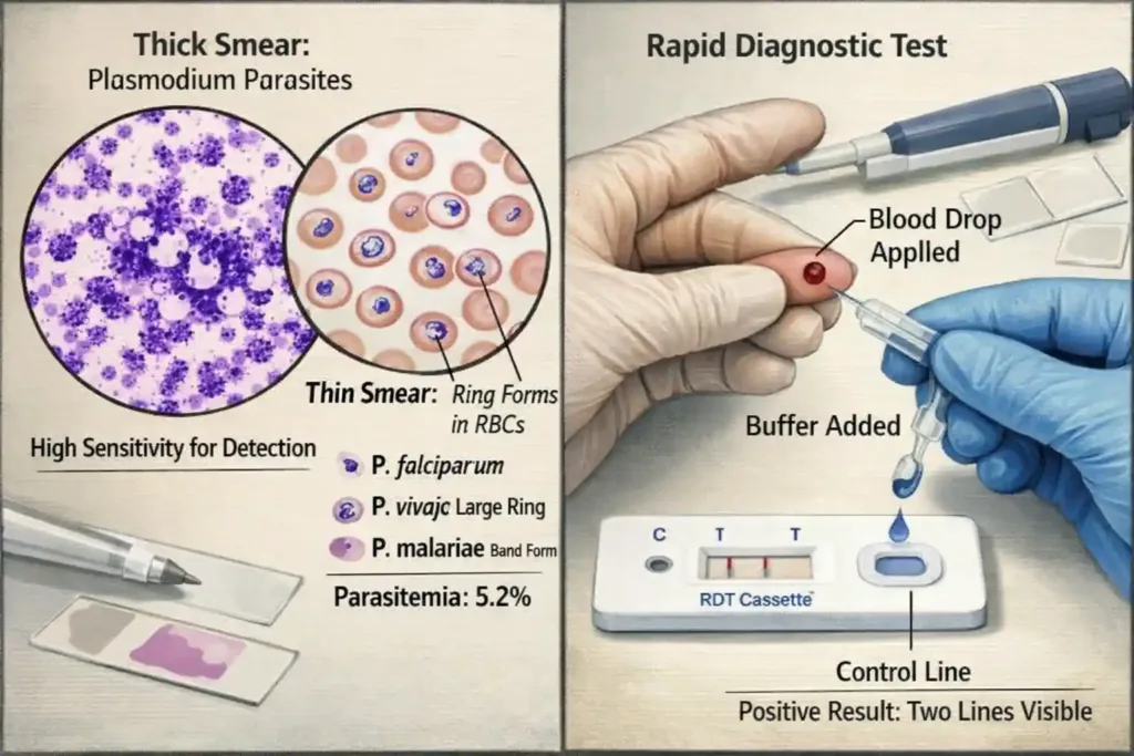 Images of malaria diagnostic tools: Thick and thin blood smears under microscope and rapid diagnostic test kit.