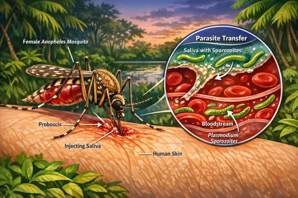Illustration of a female Anopheles mosquito biting a human, transmitting Plasmodium parasites.