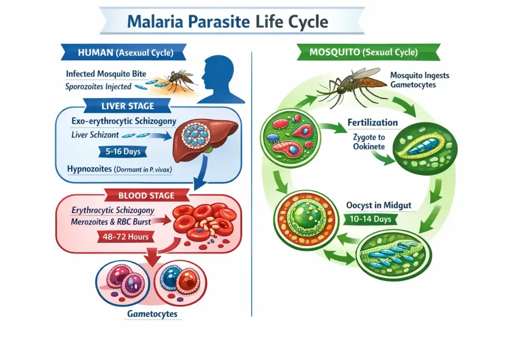 Diagram illustrating the complete life cycle of the malaria parasite in humans and mosquitoes.