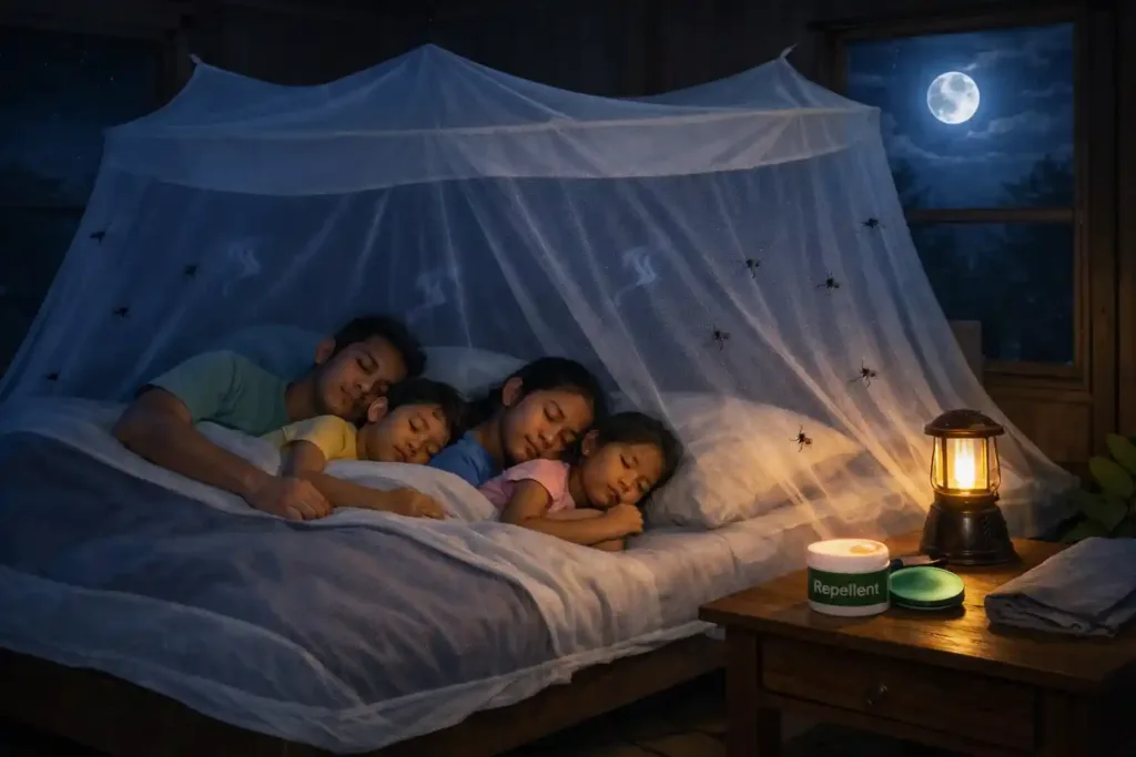 Family using insecticide-treated bed nets in a tropical home to prevent mosquito bites.