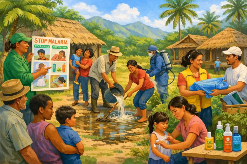 Community effort in malaria prevention: People cleaning stagnant water and using repellents.