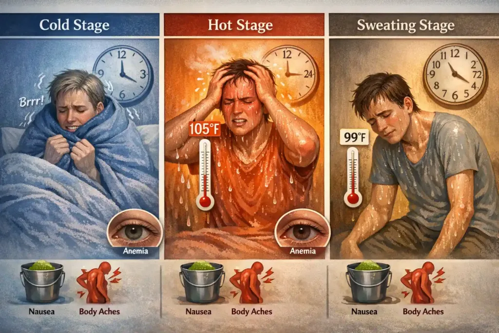 Visual representation of common malaria symptoms including fever stages, chills, and headache.