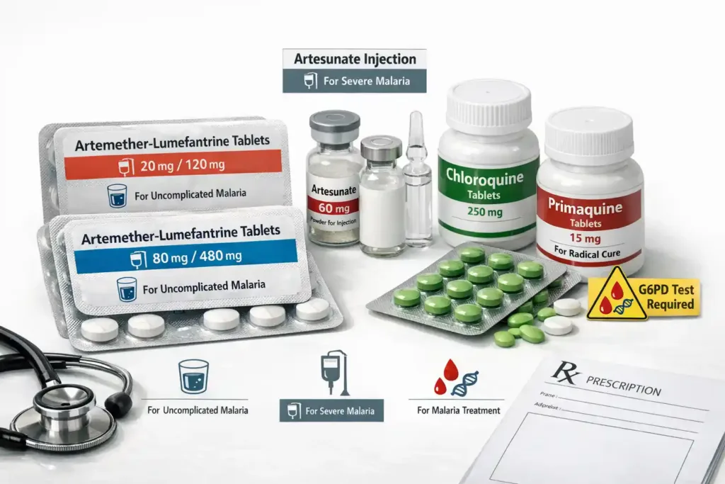 Assortment of antimalarial drugs including ACT tablets and parenteral artesunate.
