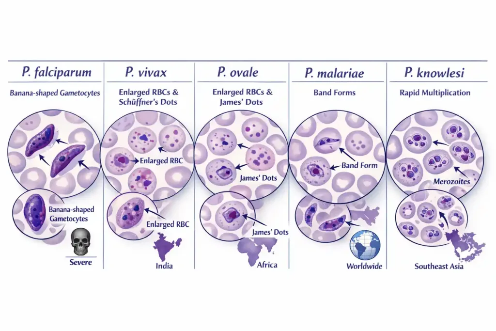 Microscopic comparison of the five main Plasmodium species causing malaria.