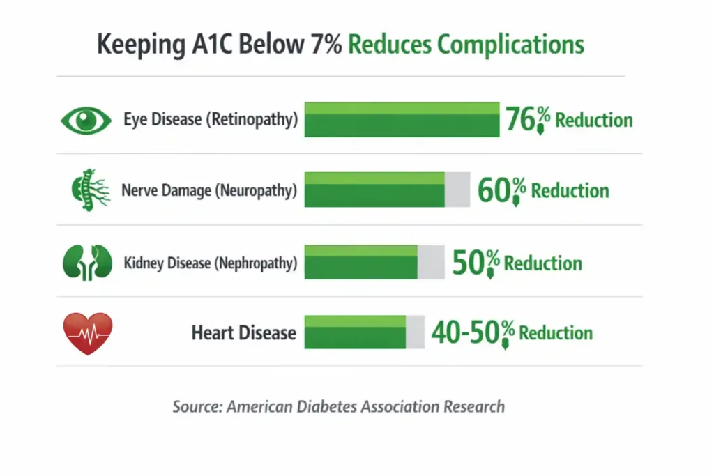 What is Diabetes? Types, Symptoms & Treatment Guide 2026 9 Chart showing A1C control reduces diabetes complications by 40-76 percent