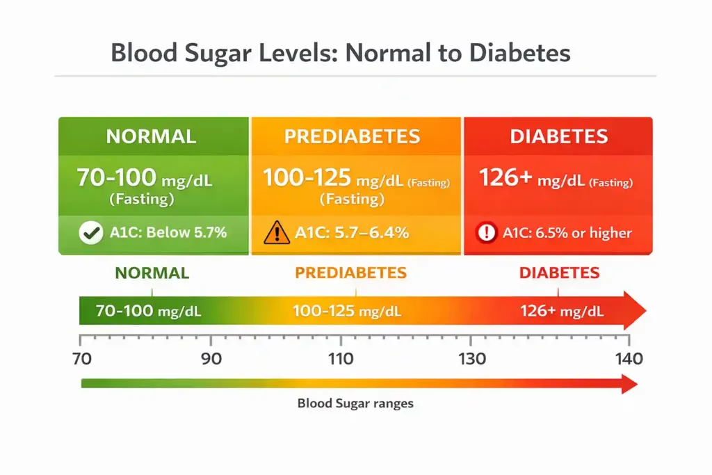 What is Diabetes? Types, Symptoms & Treatment Guide 2026 3 lood sugar level ranges chart showing normal, prediabetes, and diabetes in mg/dL