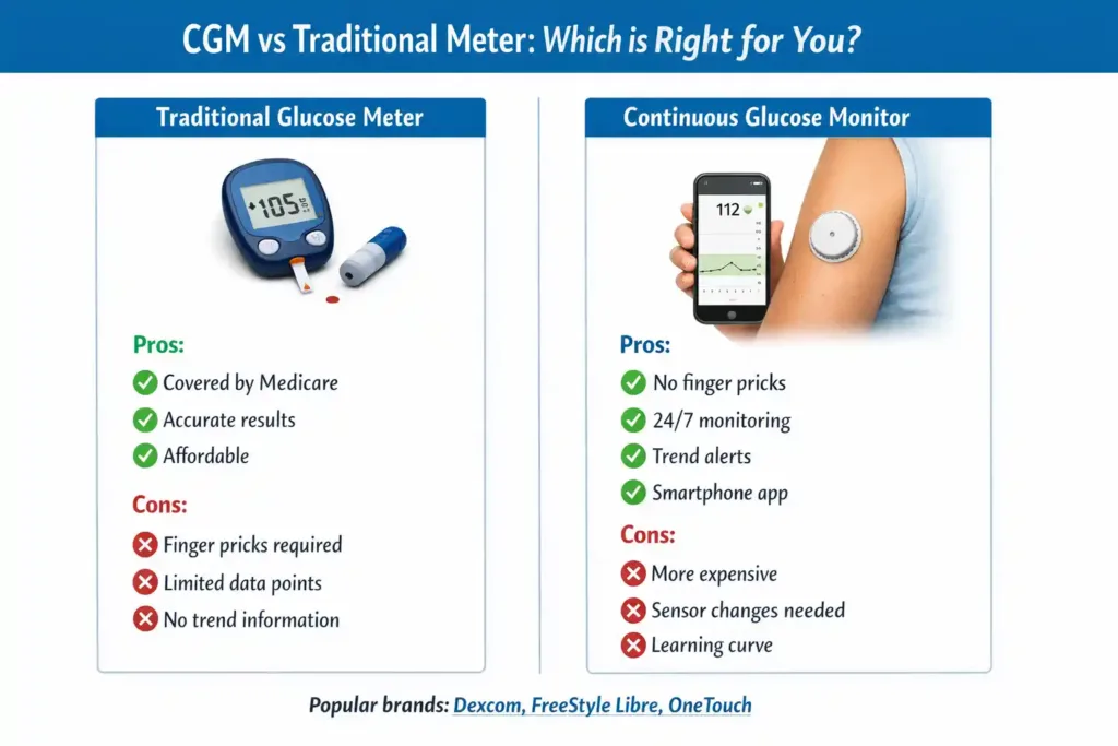 What is Diabetes? Types, Symptoms & Treatment Guide 2026 8 Comparison of continuous glucose monitor versus traditional blood glucose meter