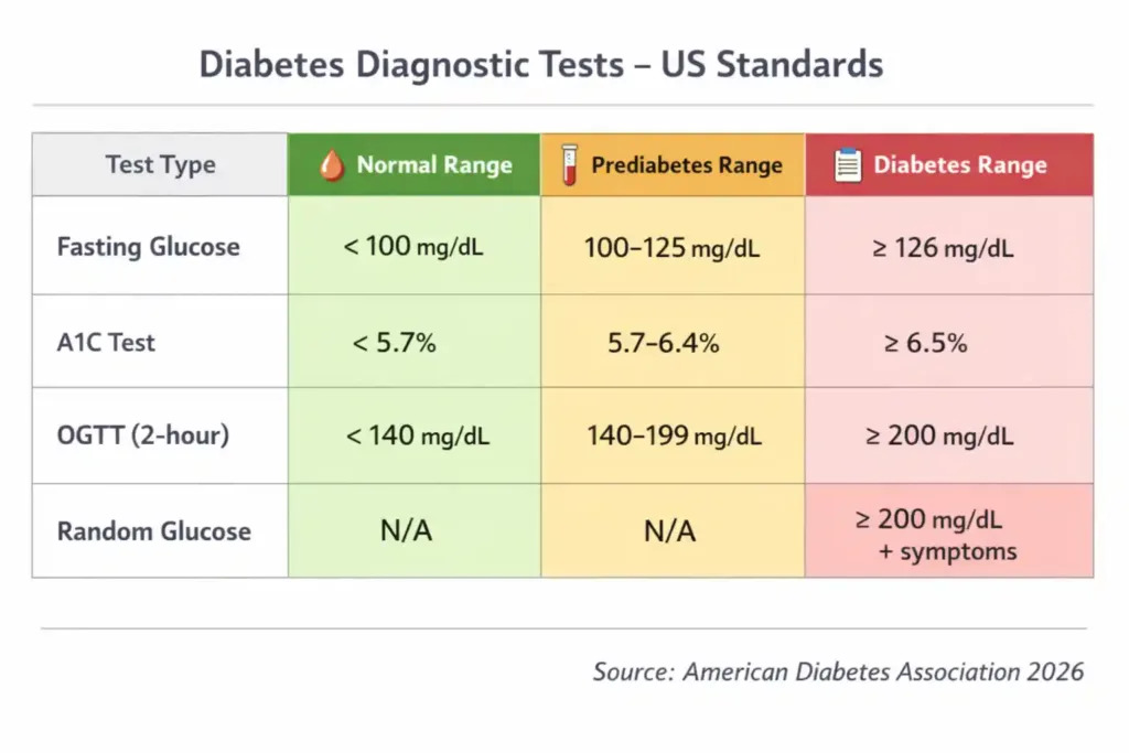 What is Diabetes? Types, Symptoms & Treatment Guide 2026 6 Diabetes diagnostic tests showing normal, prediabetes, and diabetes blood sugar ranges
