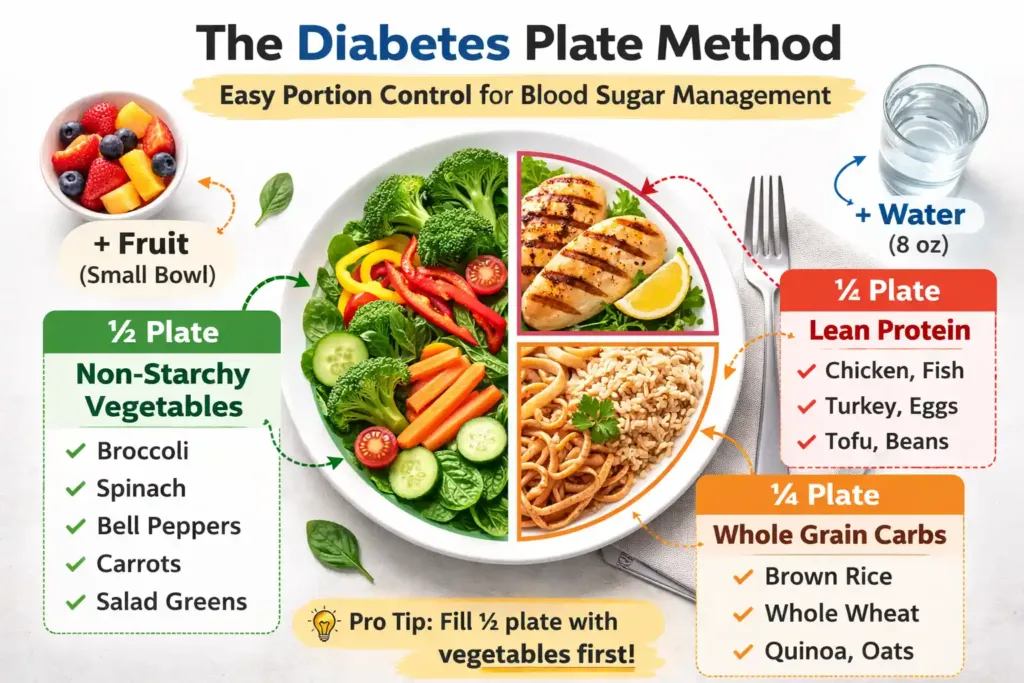 What is Diabetes? Types, Symptoms & Treatment Guide 2026 10 Diabetes plate method showing half vegetables, quarter protein, quarter carbohydrates