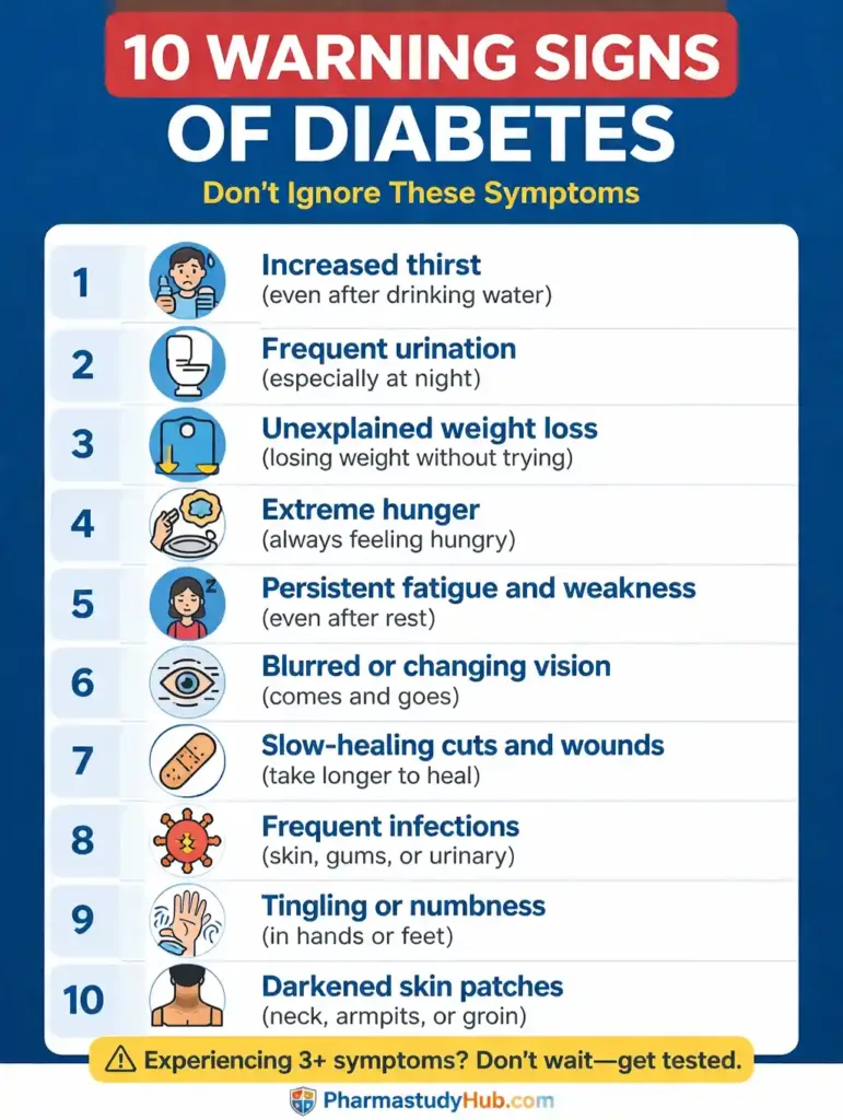 What is Diabetes? Types, Symptoms & Treatment Guide 2026 5 Checklist of 10 common diabetes warning signs and symptoms to watch for