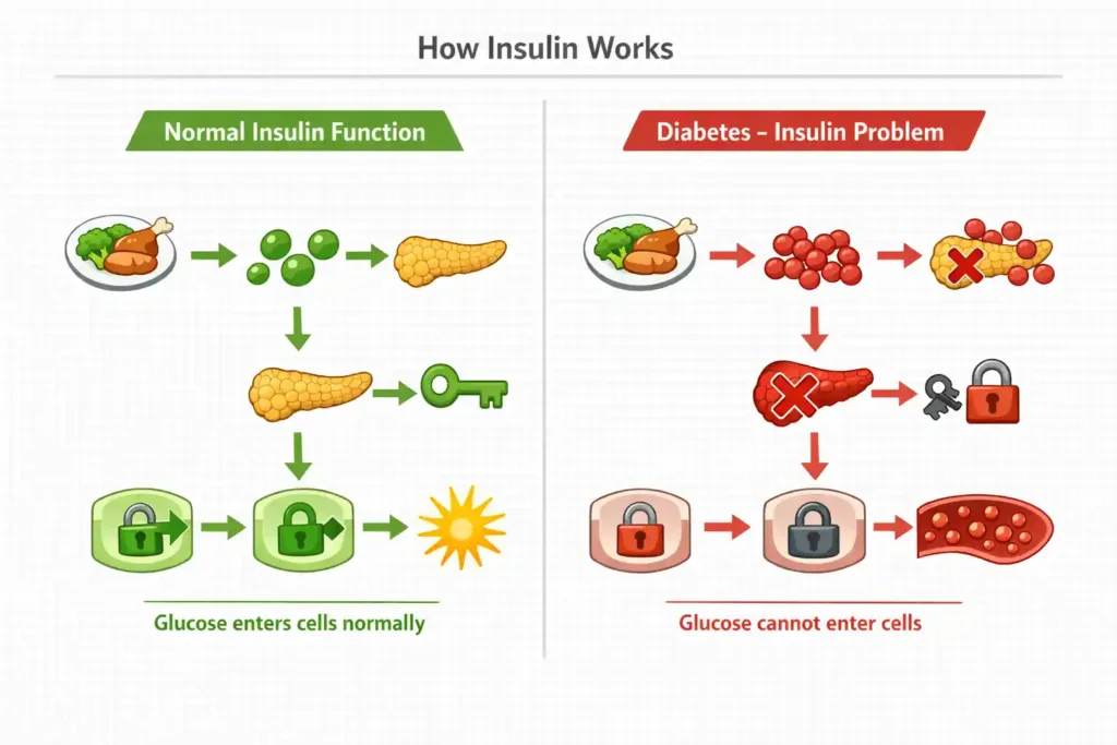 What is Diabetes? Types, Symptoms & Treatment Guide 2026 2 Diagram showing normal insulin function versus diabetes insulin dysfunction