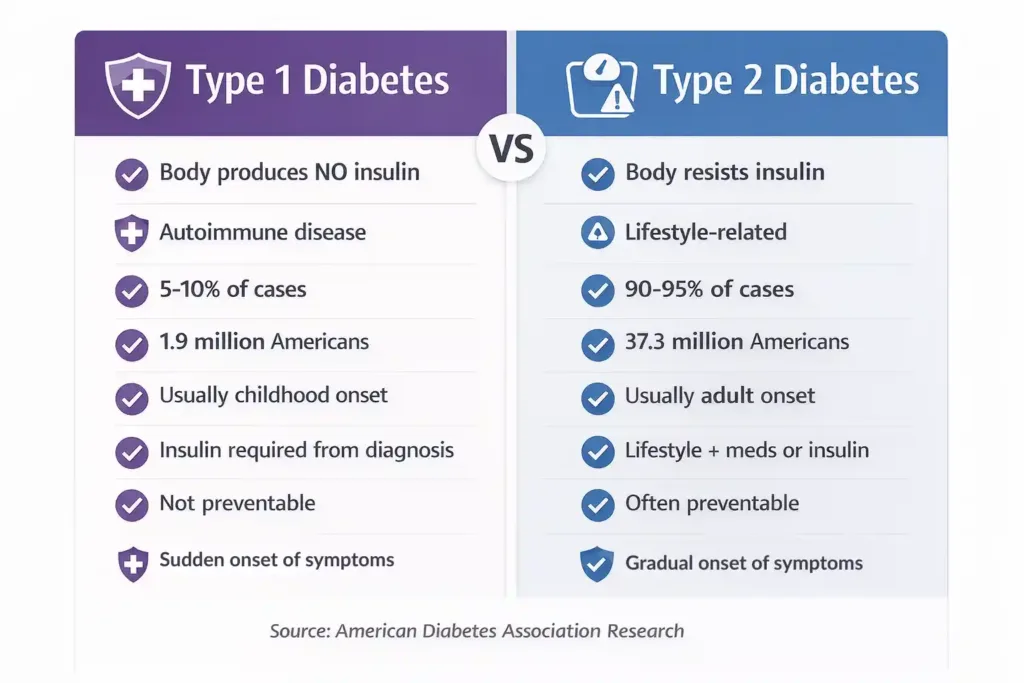 What is Diabetes? Types, Symptoms & Treatment Guide 2026 11 Side-by-side comparison of Type 1 and Type 2 diabetes key differences