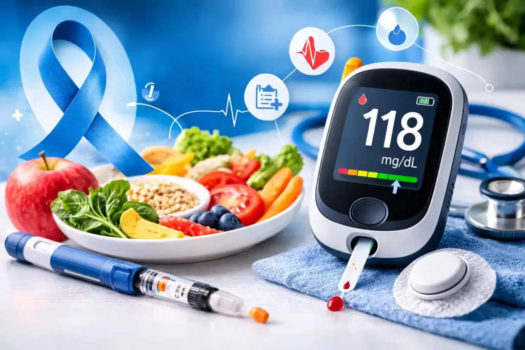 What is Diabetes? Types, Symptoms & Treatment Guide 2026 1 Diabetes awareness guide with blood glucose monitor and health symbols