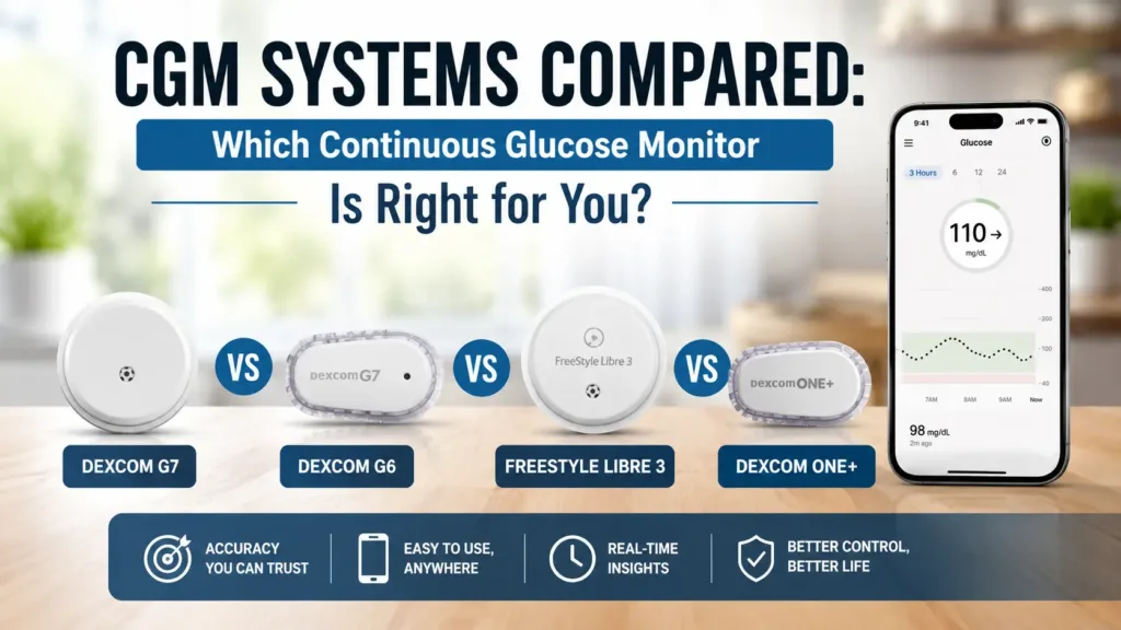 CGM Systems Compared: Which Continuous Glucose Monitor Is Right for You? (2026 Guide) 1 CGM Systems Compared: Which Continuous Glucose Monitor Is Right for You? Featuring Dexcom G7, G6, Libre 3, and ONE+