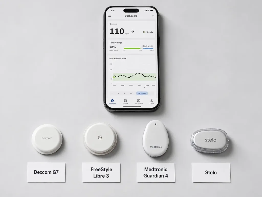 CGM Systems Compared: Which Continuous Glucose Monitor Is Right for You? (2026 Guide) 3 CGM devices arranged for product comparison