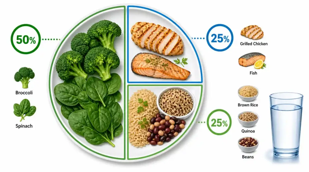 12 Expert-Backed Tips for a Diabetic Diet Plan That Works 2 Diabetes Plate Method showing half vegetables, one-quarter lean protein, and one-quarter healthy carbohydrates.