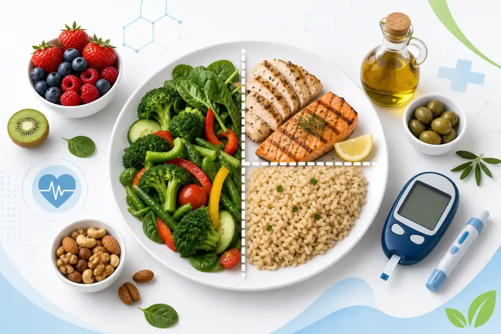 12 Expert-Backed Tips for a Diabetic Diet Plan That Works 1 Healthy diabetic diet plan featuring the Diabetes Plate Method with vegetables, lean protein, and whole grains.