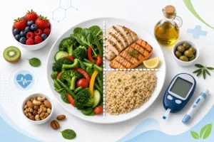 Healthy diabetic diet plan featuring the Diabetes Plate Method with vegetables, lean protein, and whole grains.