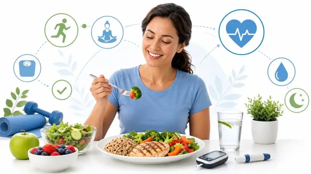 12 Expert-Backed Tips for a Diabetic Diet Plan That Works 7 Healthy lifestyle for diabetes management with balanced meals, hydration, and physical activity.