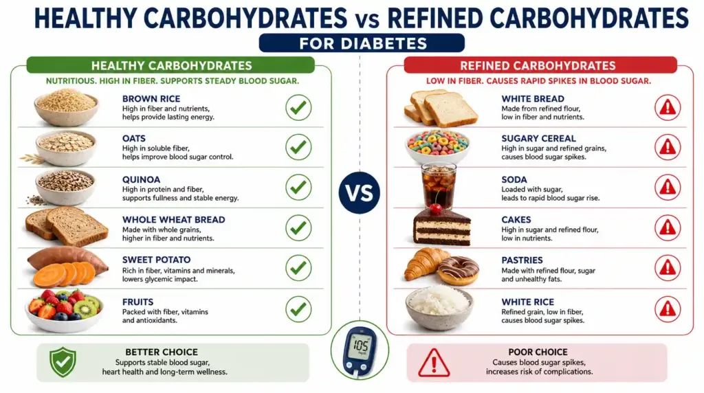12 Expert-Backed Tips for a Diabetic Diet Plan That Works 3 Comparison of healthy whole-grain carbohydrates and refined carbohydrates for diabetes management.