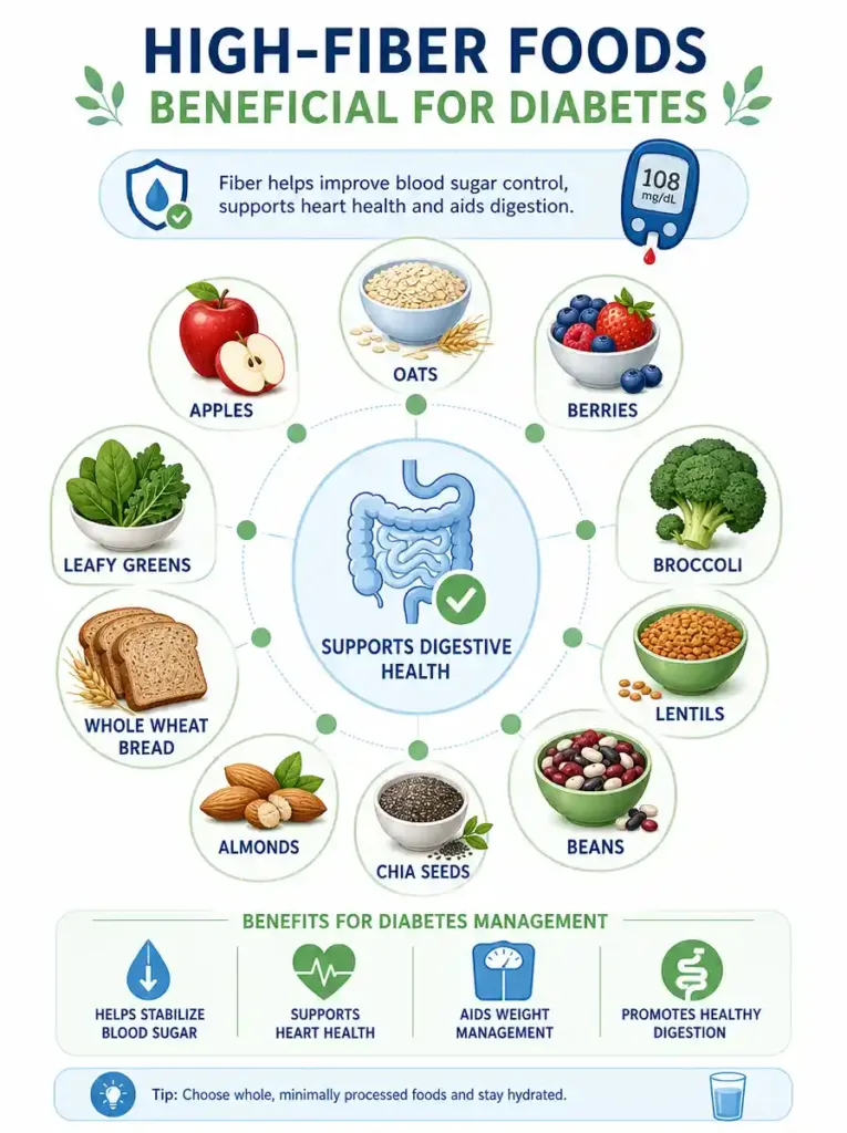 12 Expert-Backed Tips for a Diabetic Diet Plan That Works 4 High-fiber foods for diabetes including oats, beans, lentils, fruits, vegetables, and chia seeds.