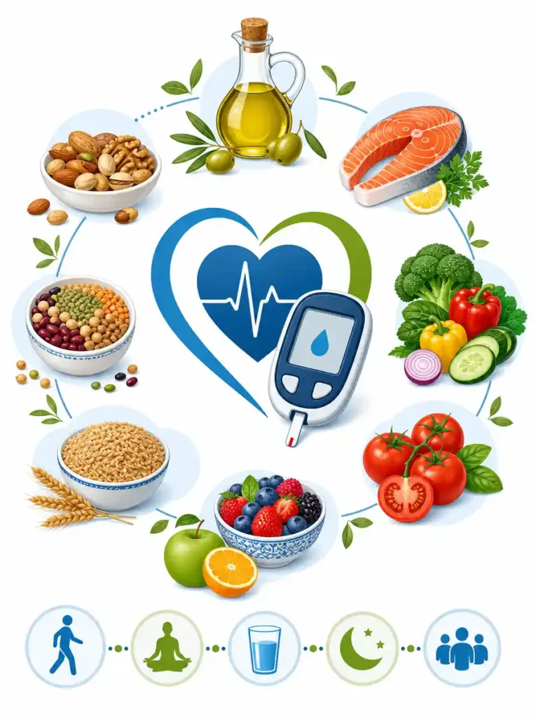 12 Expert-Backed Tips for a Diabetic Diet Plan That Works 5 Mediterranean diet foods including olive oil, fish, vegetables, fruits, legumes, and whole grains for diabetes.